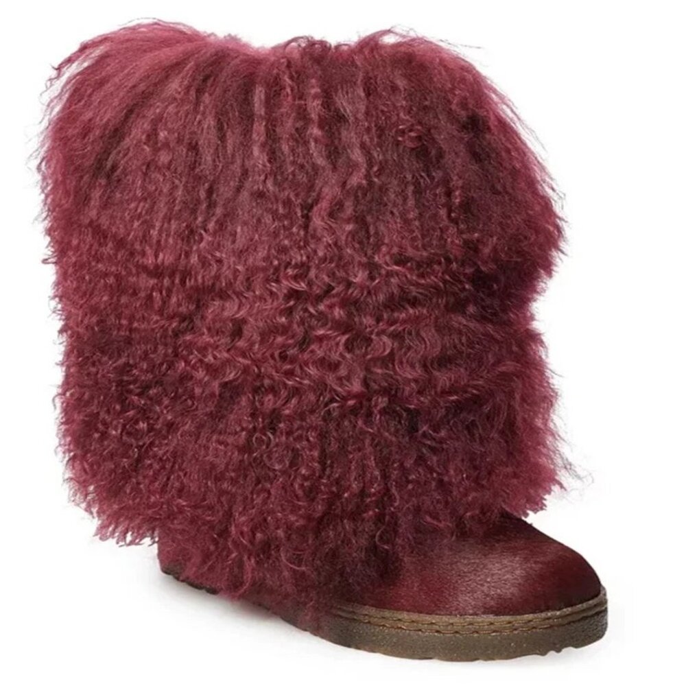 Bearpaw Boetis II Burgundy Curly Lamb Fur Sheepskin Lined Mongolian Boots 6 NEW